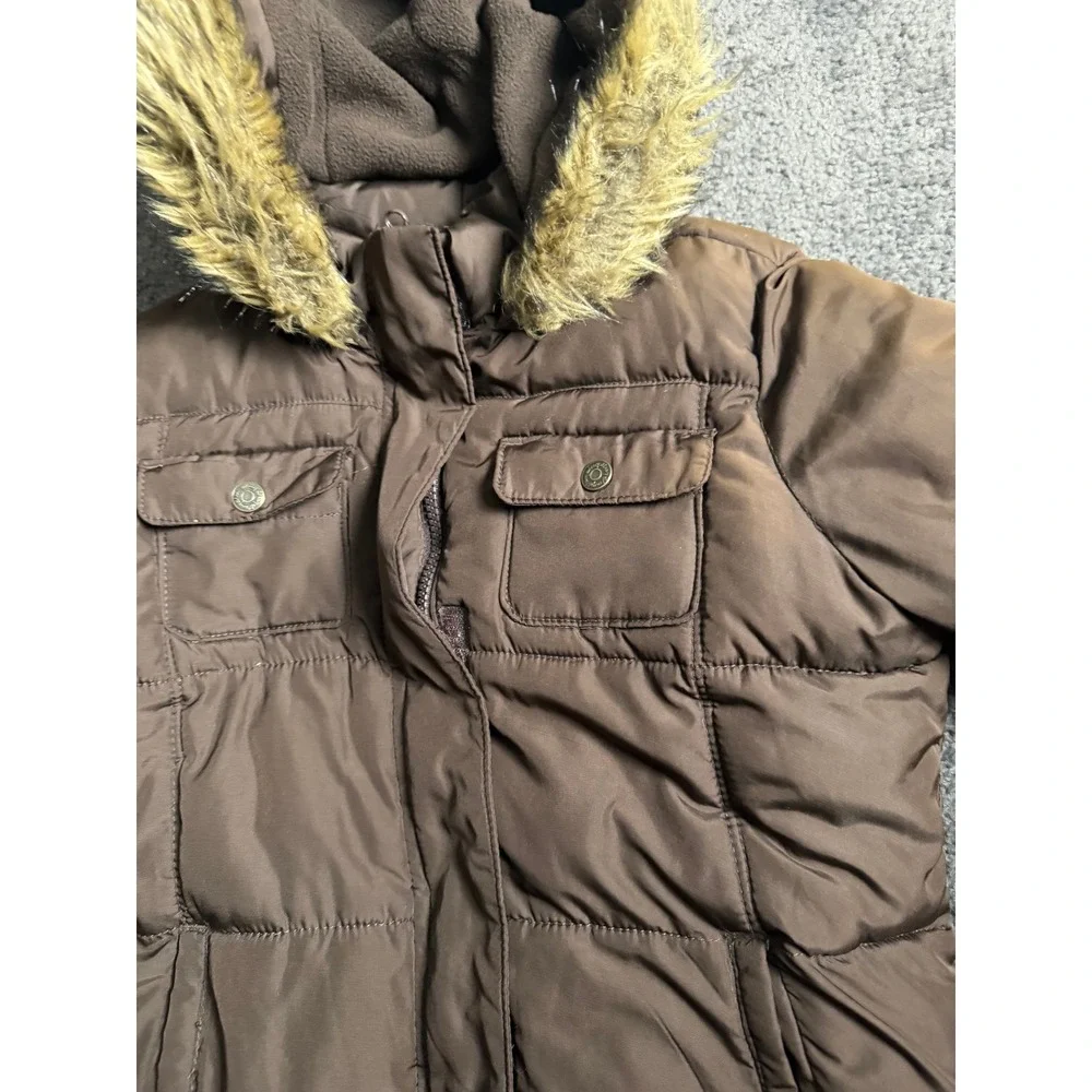Old Navy Boys XL 14 Brown Puffer Jacket Faux Fur Hood Fleece Lined 856599-01